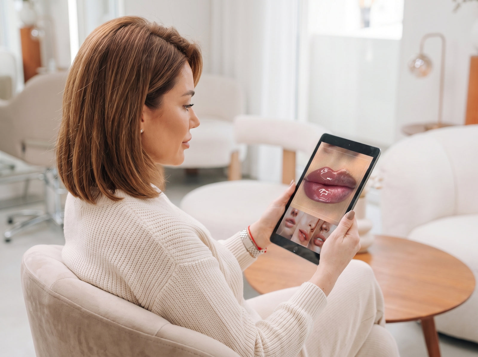 Woman reviewing lip PMU reference photos in a modern studio