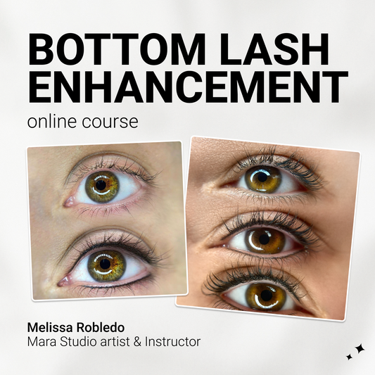 Eyes showcasing bottom lash enhancement techniques, with course details and instructor name.