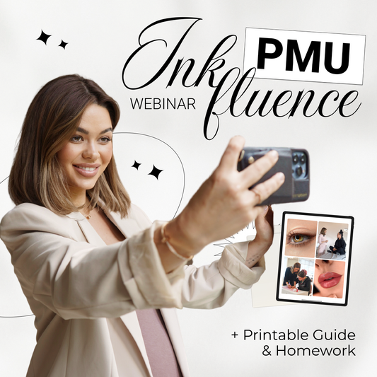 Woman taking a selfie, promoting a PMU webinar with a guide and homework details.