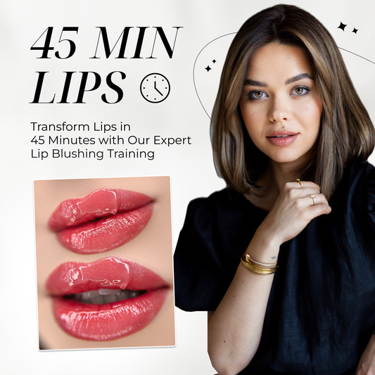 Woman with shoulder-length hair promotes lip blushing training with vibrant lip images.