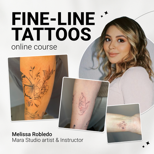 Course advertisement featuring fine-line tattoos, images of tattoo designs, and instructor Melissa Robledo.