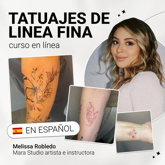 Course advertisement for fine line tattoos featuring artwork and instructor Melissa Robledo.