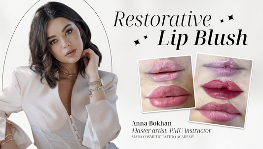 Young woman in a white blazer promoting restorative lip blush; images of lips displayed.