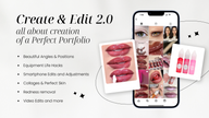 Smartphone displaying makeup images, with text about portfolio creation and editing tips.
