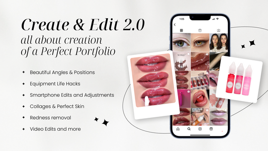 Smartphone displaying makeup images, with text about portfolio creation and editing tips.