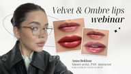 Webinar promotion featuring a woman in glasses beside lip color swatches labeled "Velvet & Ombre."