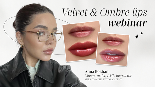Webinar promotion featuring a woman in glasses beside lip color swatches labeled "Velvet & Ombre."