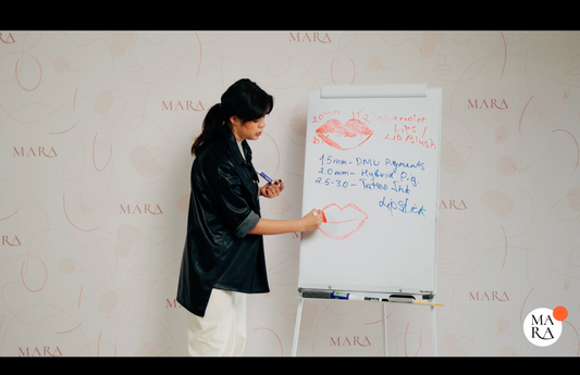 Woman in a black jacket writing on a flip chart with lip illustrations and notes.