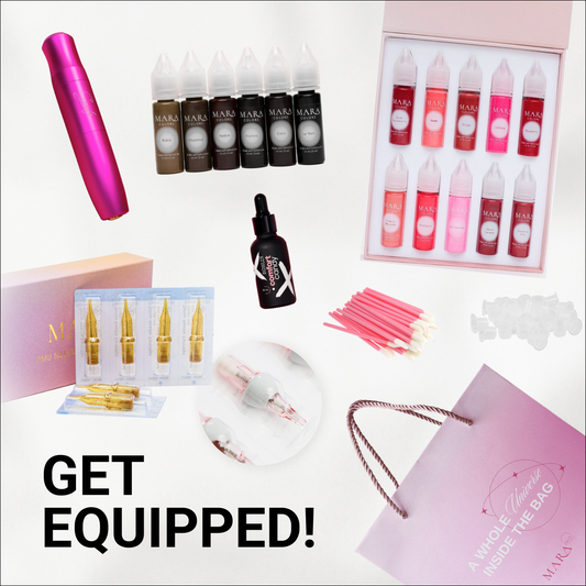 Cosmetic products and tools arranged, featuring colorful containers, applicators, and a bag.