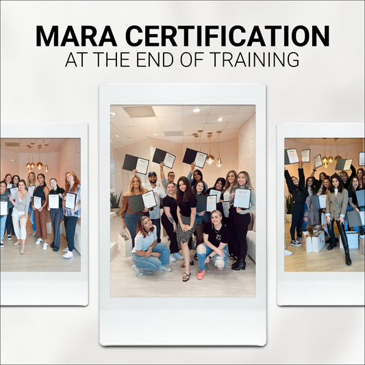Group of professionals celebrating MARA certification at the end of training, holding certificates.