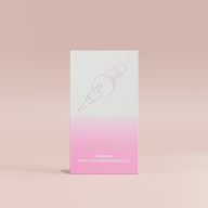 White packaging with a pink gradient featuring a graphic of a cartridge needle.